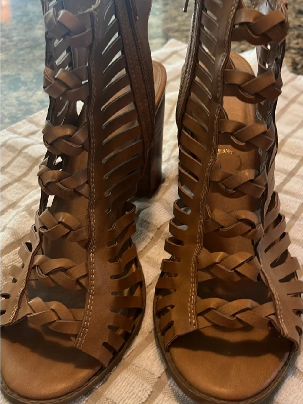 Brown Braided Gladiator Wedge Sandals
